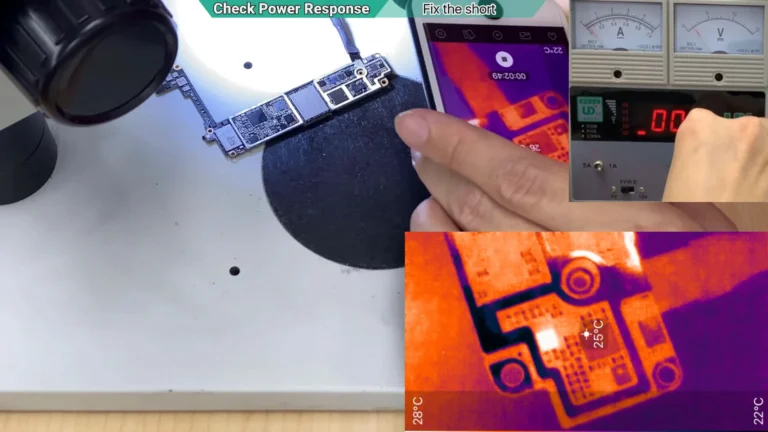 Thermal camera image showing the backlight IC overheating on a water-damaged iPhone motherboard during diagnosis.