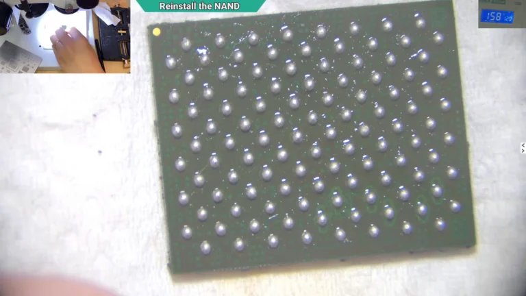 Microscope image showing the original NAND with newly formed solder balls after the reballing process.