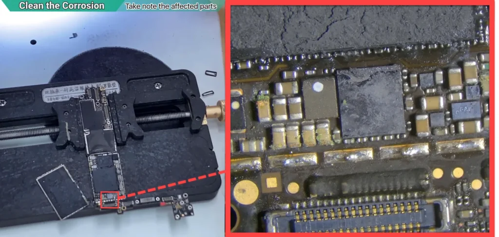 Composite image showing an iPhone motherboard after the protective shield was removed, with a microscope close-up revealing hidden corrosion beneath the shield.
