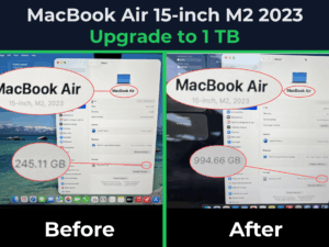 MacBook Air 15-inch M2 after a 1TB storage upgrade, comparing system information before and after the SSD capacity upgrade.