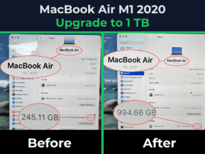 MacBook Air M1 after a 1TB storage upgrade, comparing system information before and after the SSD capacity upgrade.
