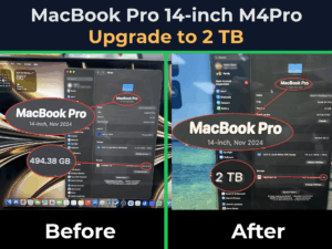 MacBook Pro 14-inch 2024 M4 Pro after a 2TB storage upgrade, comparing system information before and after the SSD capacity upgrade.