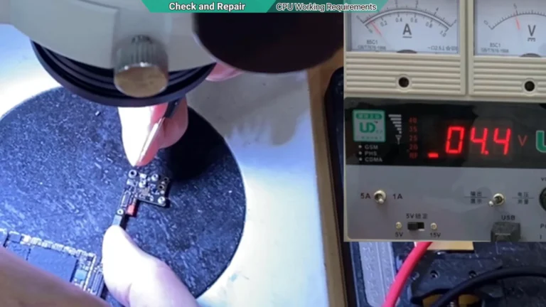 DC power supply showing an iPhone motherboard entering DFU mode with a stable current of approximately 80 mA after cleaning the CPU startup circuit.