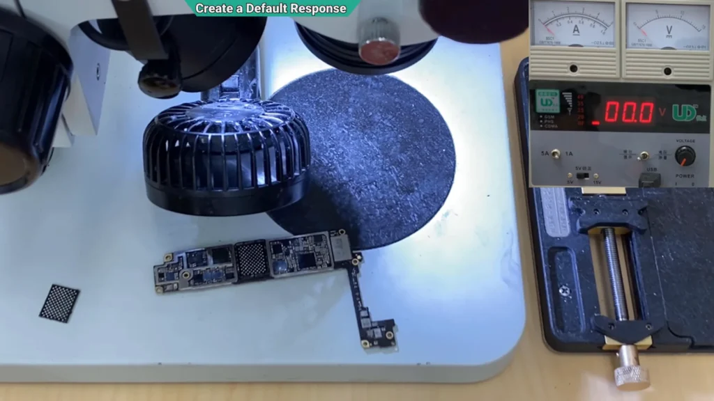 Water-damaged iPhone motherboard with the NAND flash memory removed and placed beside the board during diagnosis.