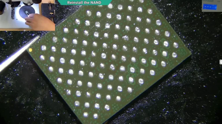 Microscope image showing the original NAND flash memory after cleaning and preparation for reballing.