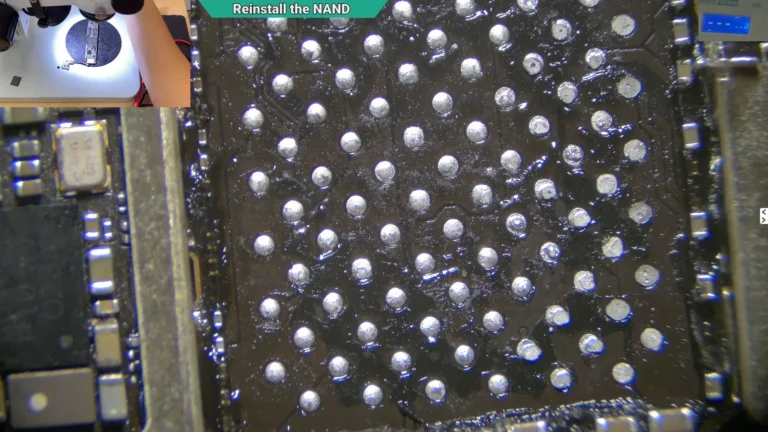 Microscope image showing the NAND area of an iPhone motherboard with underfill adhesive being removed before reinstalling the original NAND.