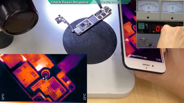 Thermal camera image showing multiple heating components on the main power rail of a water-damaged iPhone motherboard.