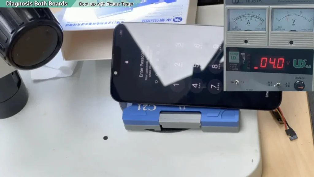 Testing iPhone 13 Sandwich Motherboard with tester fixture