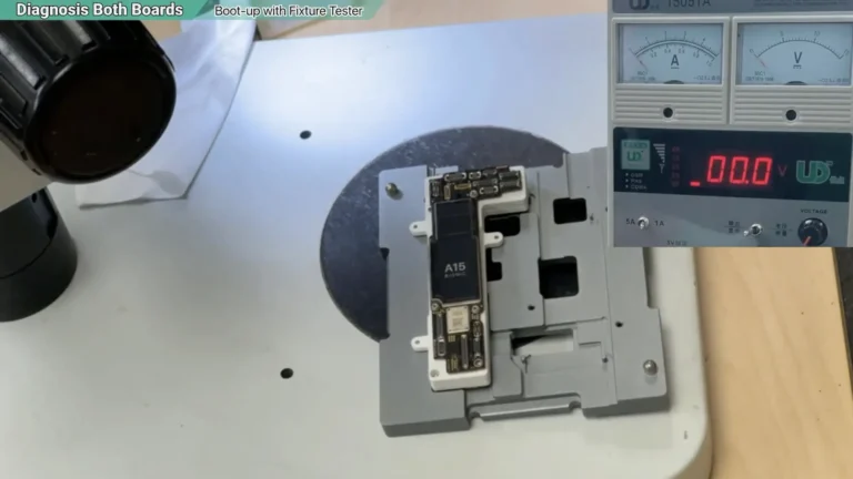 iPhone 13 CPU board secured in a sandwich board tester for independent motherboard diagnosis.