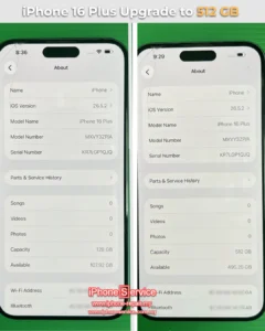 Before and after comparison of an iPhone 16 Plus storage upgrade from 128GB to 512GB, showing the updated storage capacity in Settings.
