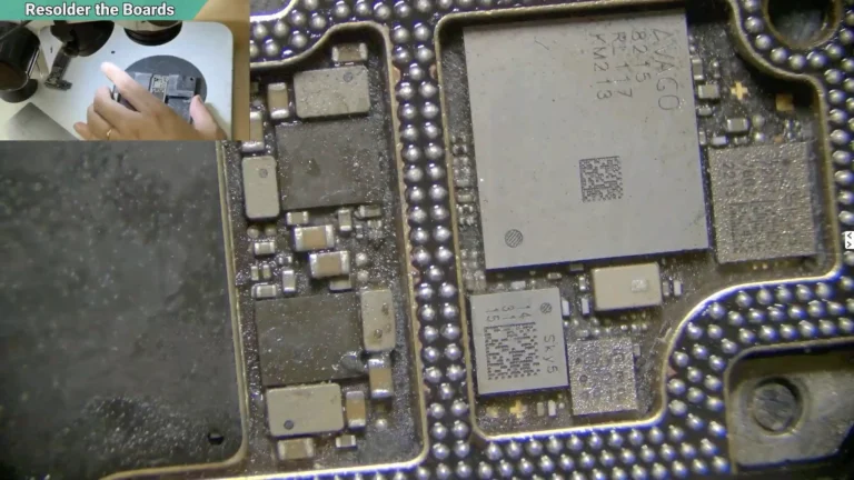 Completed solder joints on the iPhone 13 sandwich motherboard
