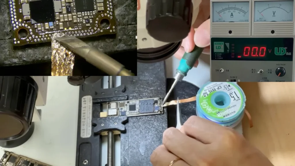 Cleaning solder from the iPhone 11 upper and lower logic boards before tester installation