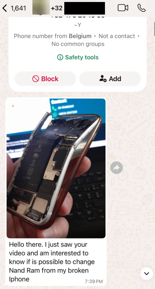 WhatsApp enquiry from customer requesting data recovery from a severely damaged iPhone