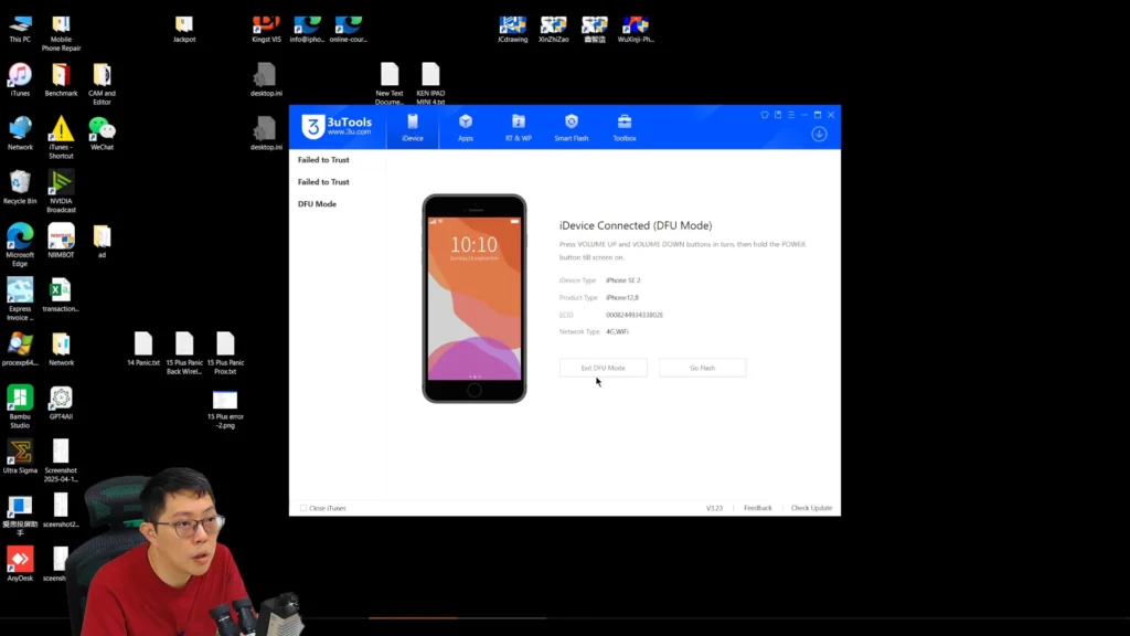 3uTools detecting the iPhone SE 2 in DFU mode after the original CPU was transferred to the donor board