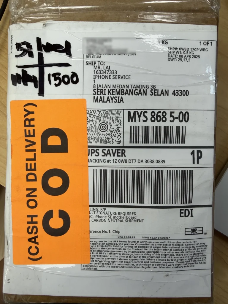 International parcel sent from Belgium to Malaysia for iPhone motherboard data recovery