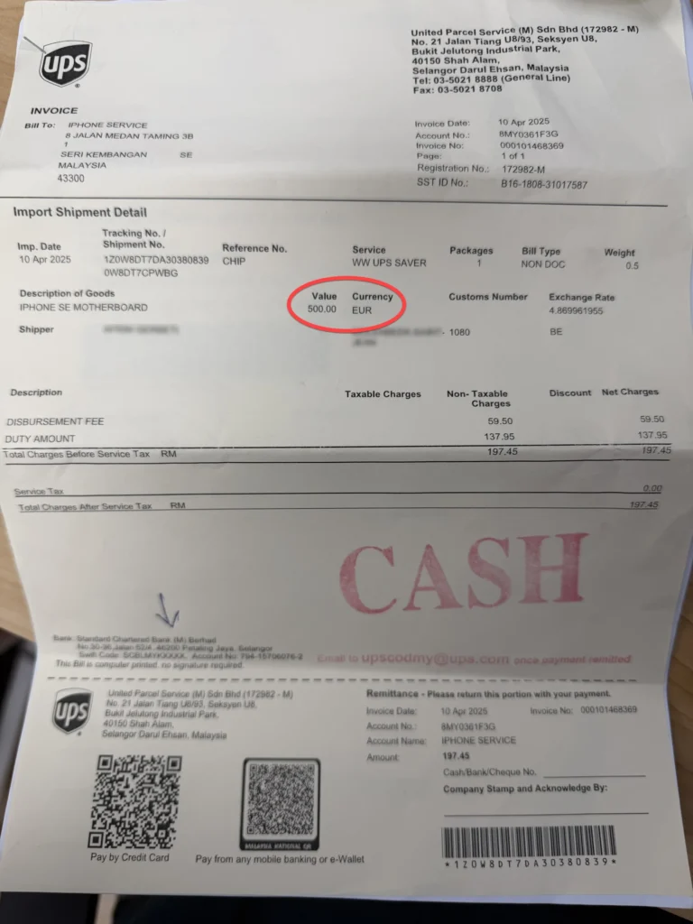 UPS invoice showing import tax and clearance charges for an international iPhone repair parcel